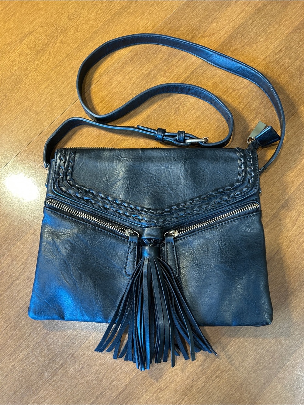 Black Leather Tassel Crossbody Bag